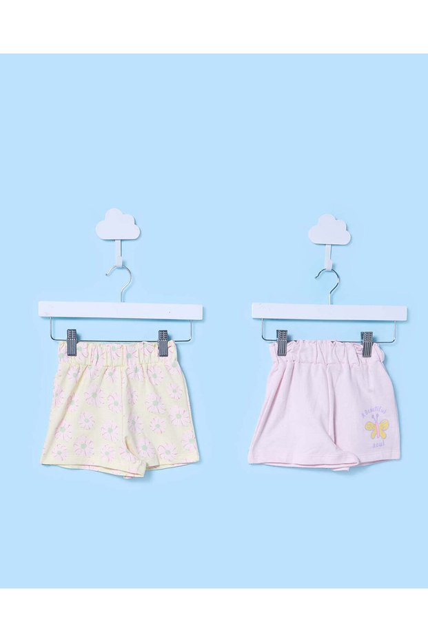 Infant Girls Yellow And Pink Printed Shorts (Pack of 2)