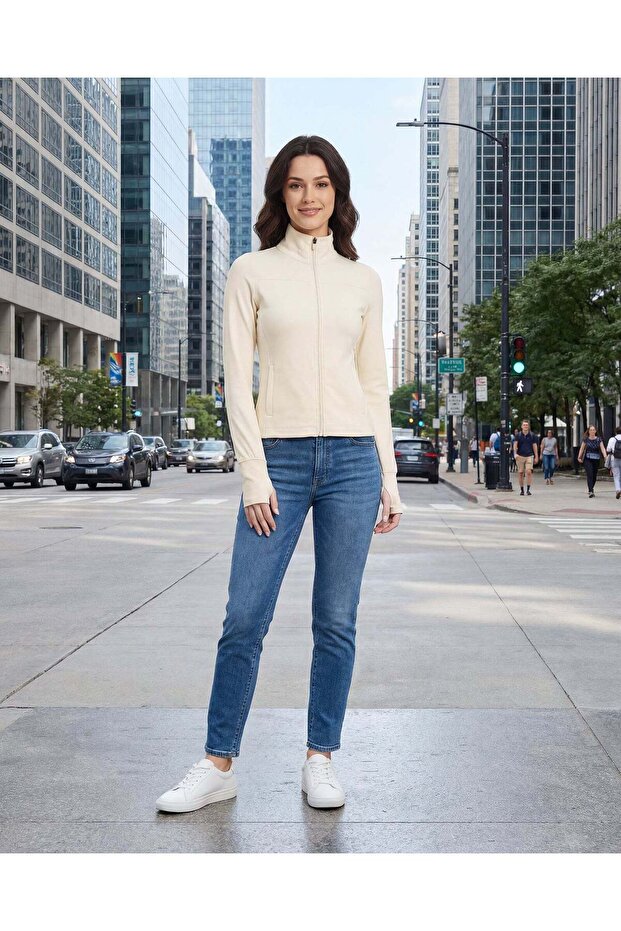 سويت شيرت نسائي رياضي أساسي باللون البيج - 2