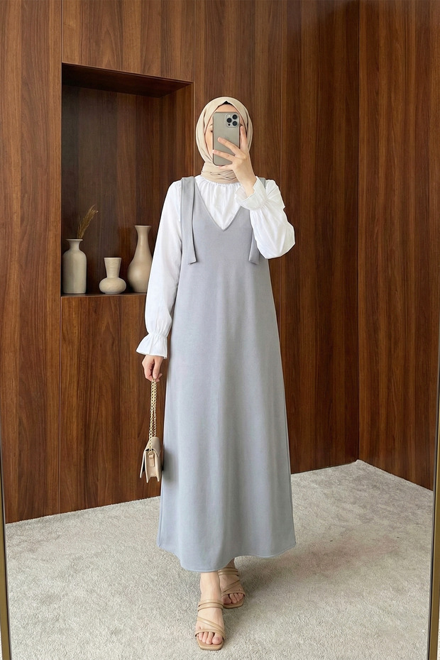 Shoulder Lace Detailed Plain Dabl Jile - Gray