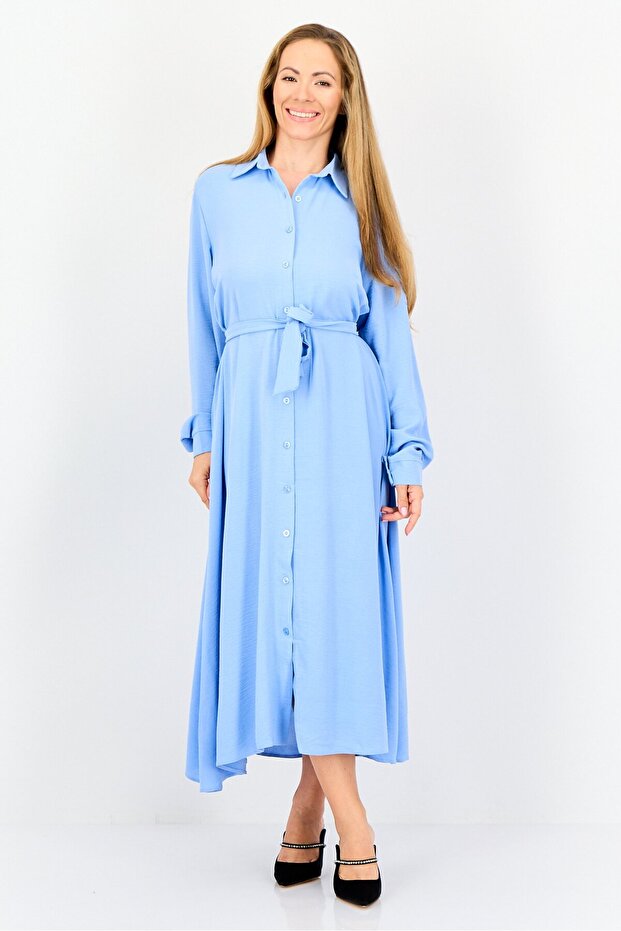 Women Plain Belted Shirt Dress, Blue
