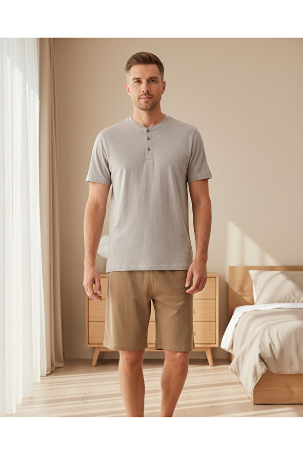 طقم بيجاما رجالي رمادي وبني سادة (قطعتان) - 1