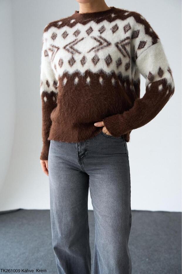 Women's Patterned Crew Neck Knitwear Sweater