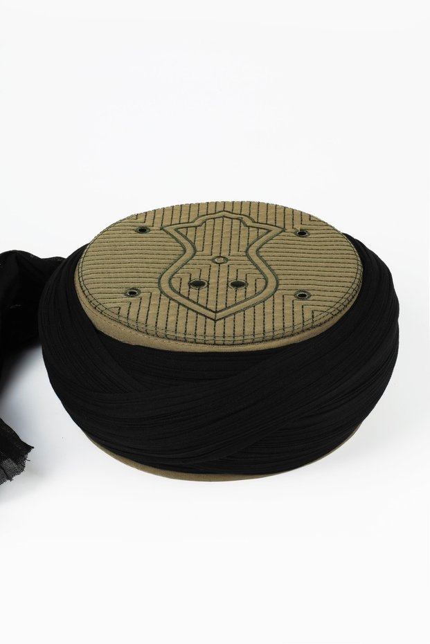 Children's Prayer Scarf - Black Fabric - Green Skullcap - Cross Wrap - Nâli Şerif - 6 Meters (Züabeli)