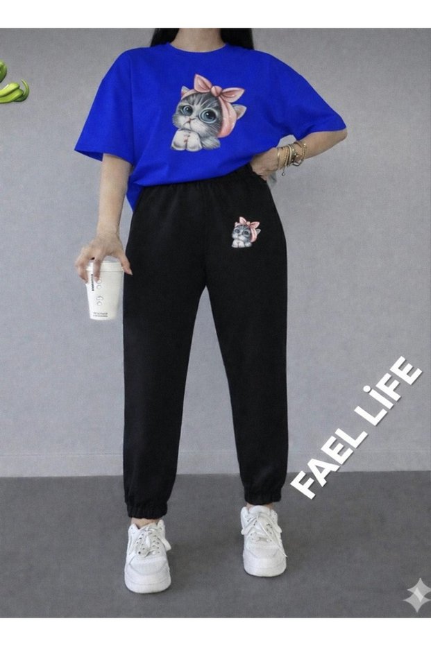 Girls'/Boys' Loose Fit T-Shirt and Sweatpants Cat Print Set