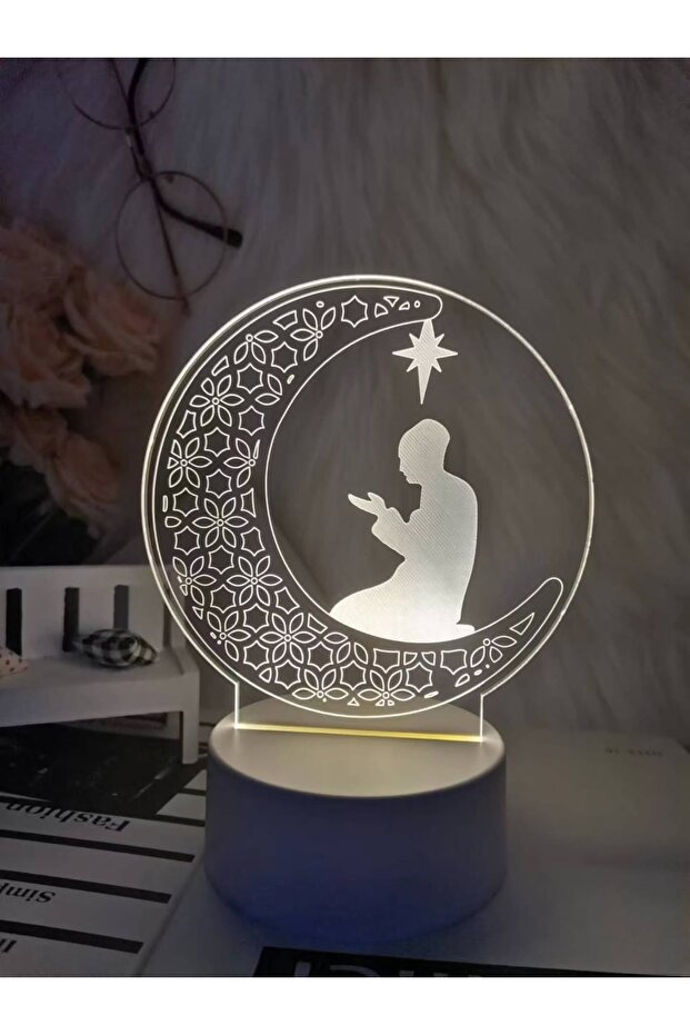 مصباح هلالي ثلاثي الأبعاد لشهر رمضان بإضاءة LED، وقاعدة خشبية، وجهاز تحكم عن بعد يعمل باللمس متعدد الألوان