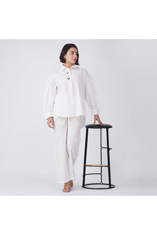 White Cotton Poplin Co-Ord Set with Floral Embroidery