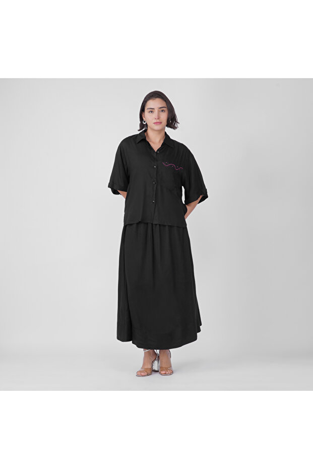 Black Cotton Poplin Shirt & Skirt Co-Ord Set