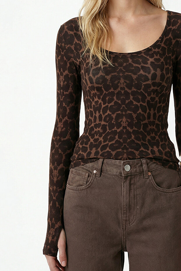 Kadın Sera Leopar Desen U Yaka Örme Bluz - 4