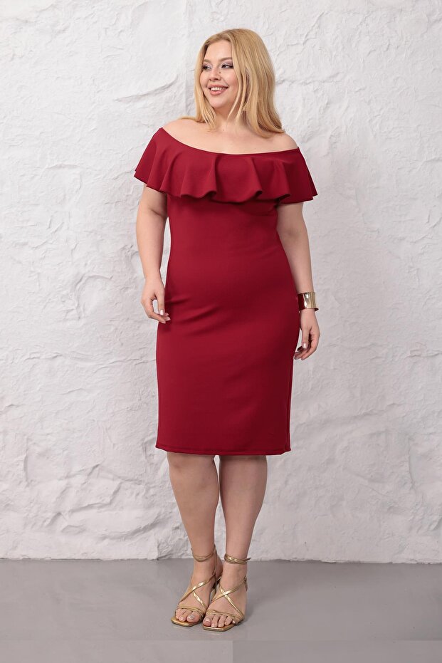 Women's Burgundy Shoulder Detail Ruffle Collar Stretchy Plus Size Dress