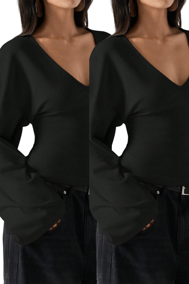 Women's 2-Piece V-Neck Long Sleeve Waist-Slit Blouse