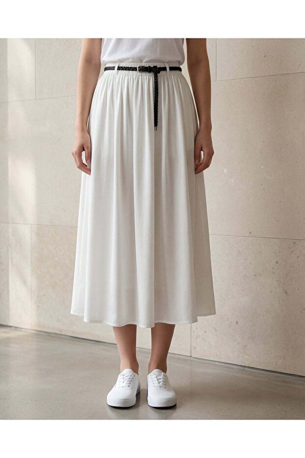 Women White Belted Flared Skirt