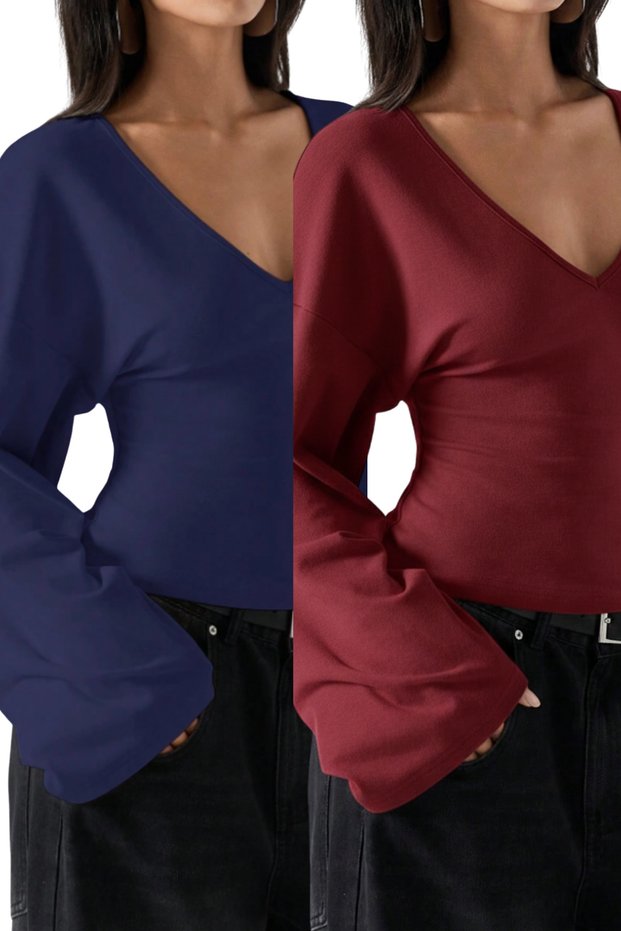 Women's 2-Piece V-Neck Long Sleeve Waist-Slit Blouse
