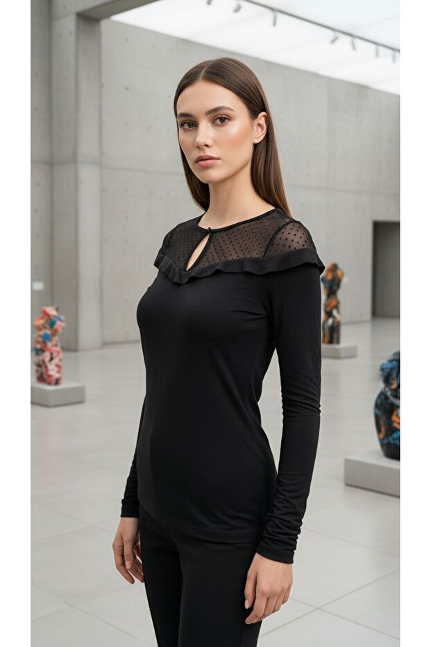 Black Tulle Women's Lace Blouse