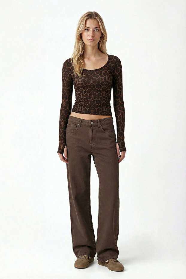 Kadın Sera Leopar Desen U Yaka Örme Bluz - 2