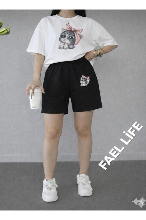 Girls'/Boys' Loose Fit T-Shirt and Shorts Cat Printed Set