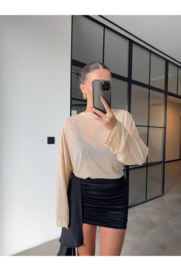 Stand Collar Oversize Transparent Blouse Beige