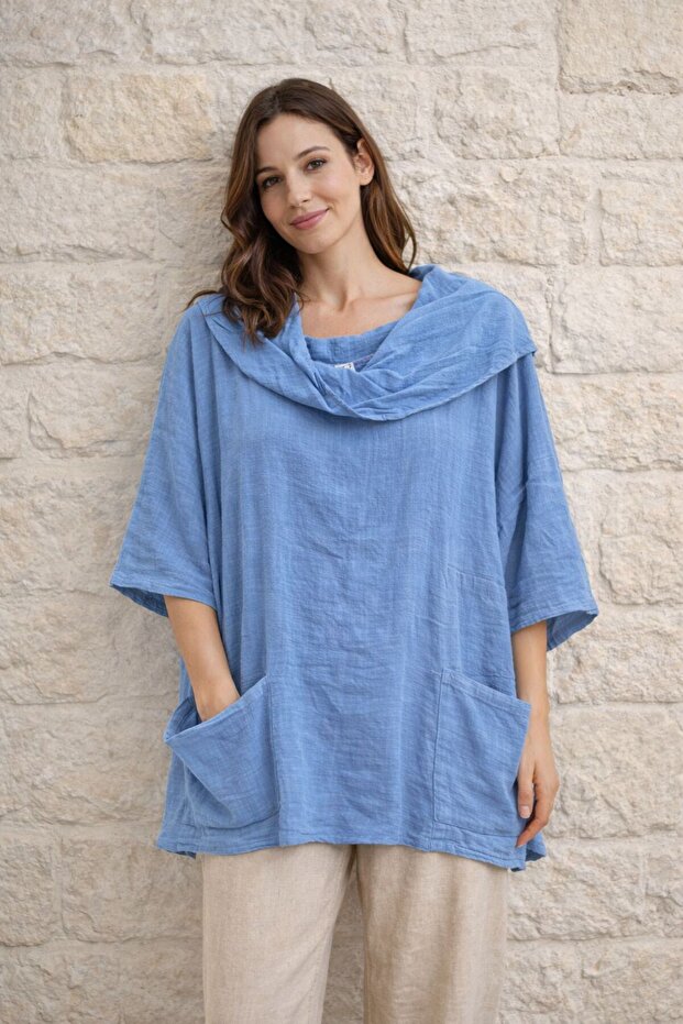Women's Flared 100% Cotton Fabric Capri Sleeve Double Pocket Blouse