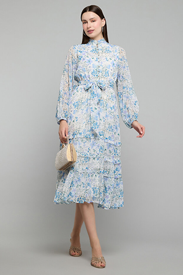 Floral Print Tiered Dress With High Neck And Puff Sleeves