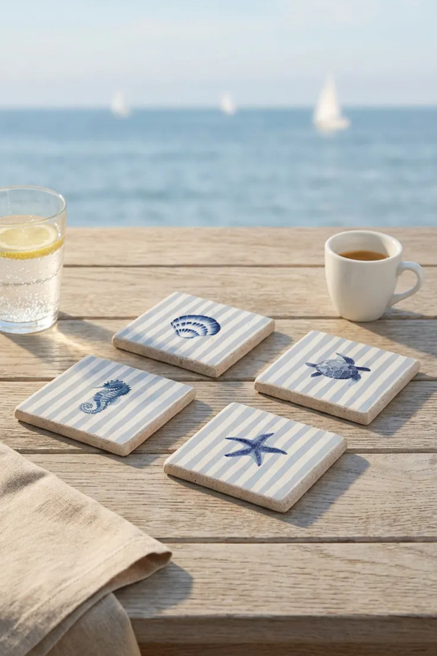 Starfish and Jellyfish Themed Natural Stone Travertine Coasters Set of 4