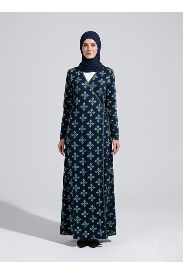 Women'S, Navy Blue Patterned , Bag Gifts, Practical Side Lacing, Double-Breasted Islamic Prayer Dress _2311