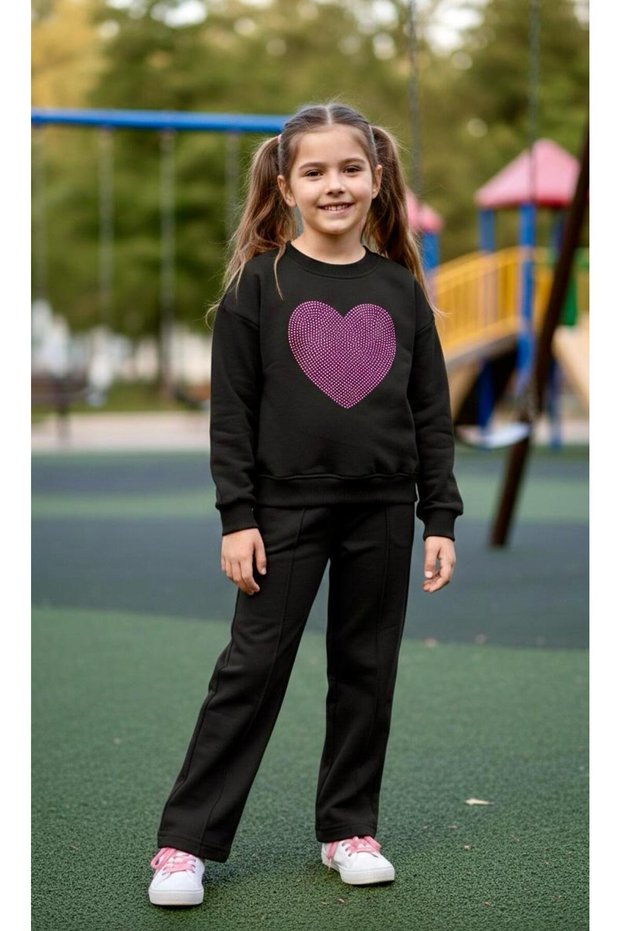 Stone-Embellished Girls' Tracksuit Set (Heart-Stoned, Shiny)