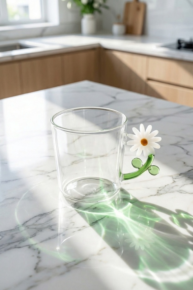 كوب زجاجي من PureGlass بمقبض على شكل زهرة - سعة 350 مل
