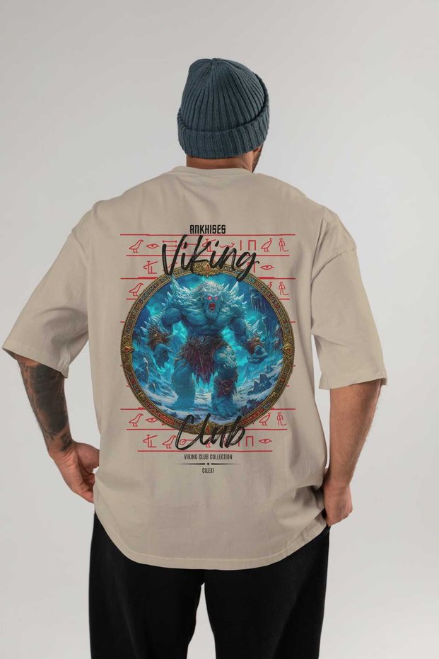 Ymir Back Printed Beige Oversize T-Shirt Men's Women's Cotton Crew Neck T-Shirt