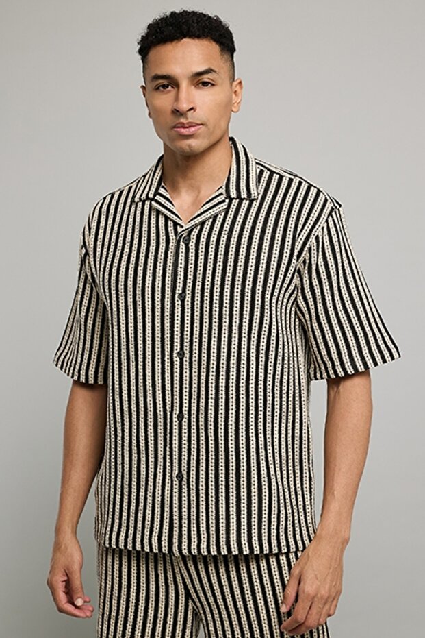 Striped Shirt With Revere Collar And Short Sleeves