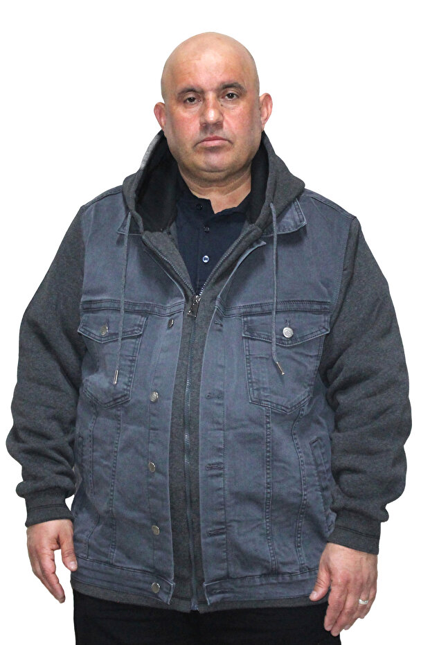 معطف دنيم بقلنسوة للرجال مقاس كبير