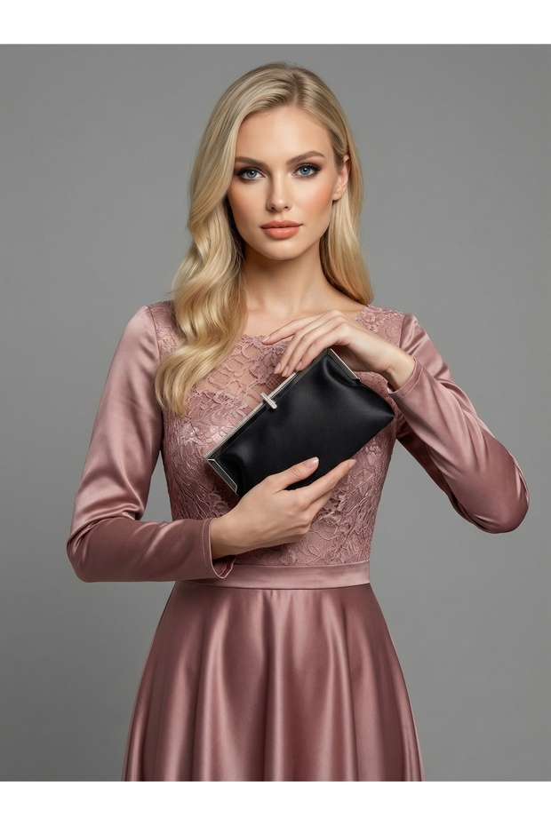 Black Color Satin Soft Leather Metal Stone Pearl Detailed Chain Strap Crystal Stone Women's Evening Dress Bag