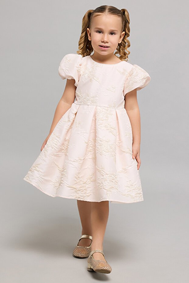 Jacquard Fit & Flare Dress With Crew Neck And Puff Sleeves