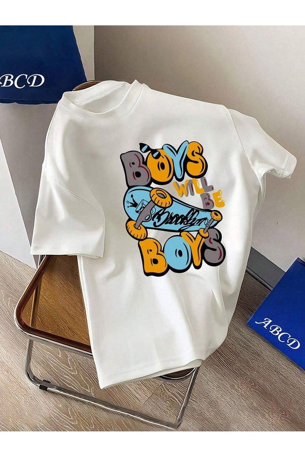Kids Boys Skateboard Printed Oversize Comfortable Daily Use Combed Cotton T-Shirt