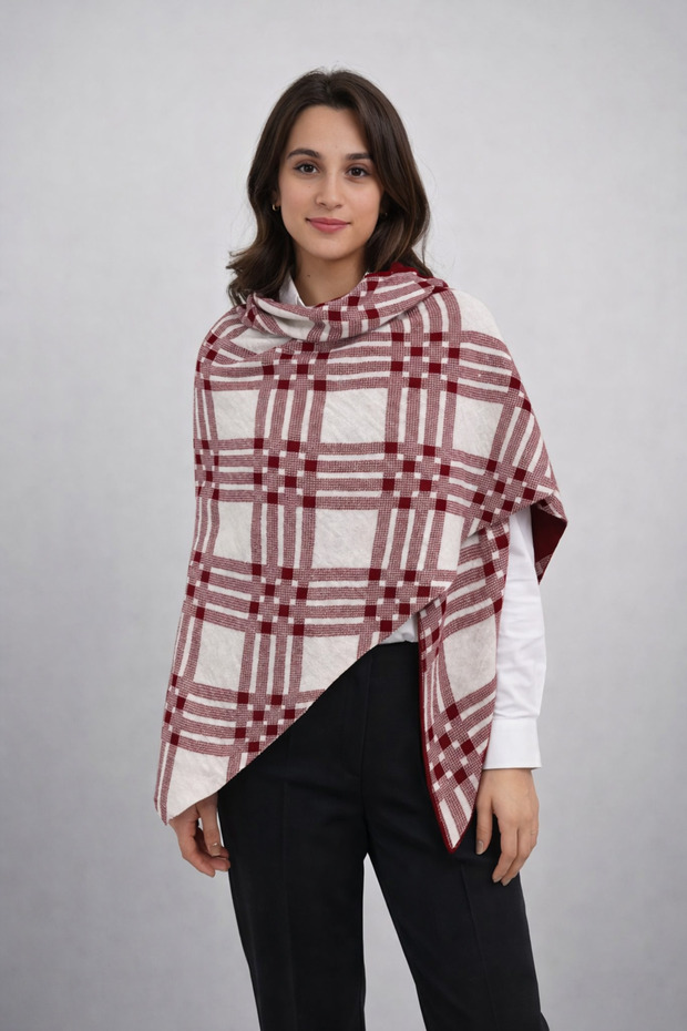 Checkered Patterned Double-Sided Knitwear Triangle Shawl - 3