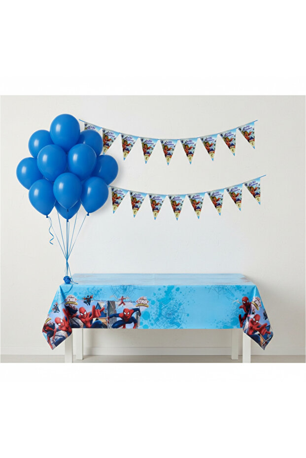Spider-Man Party Set – 10 Blue Balloons + Pennant + Tablecloth