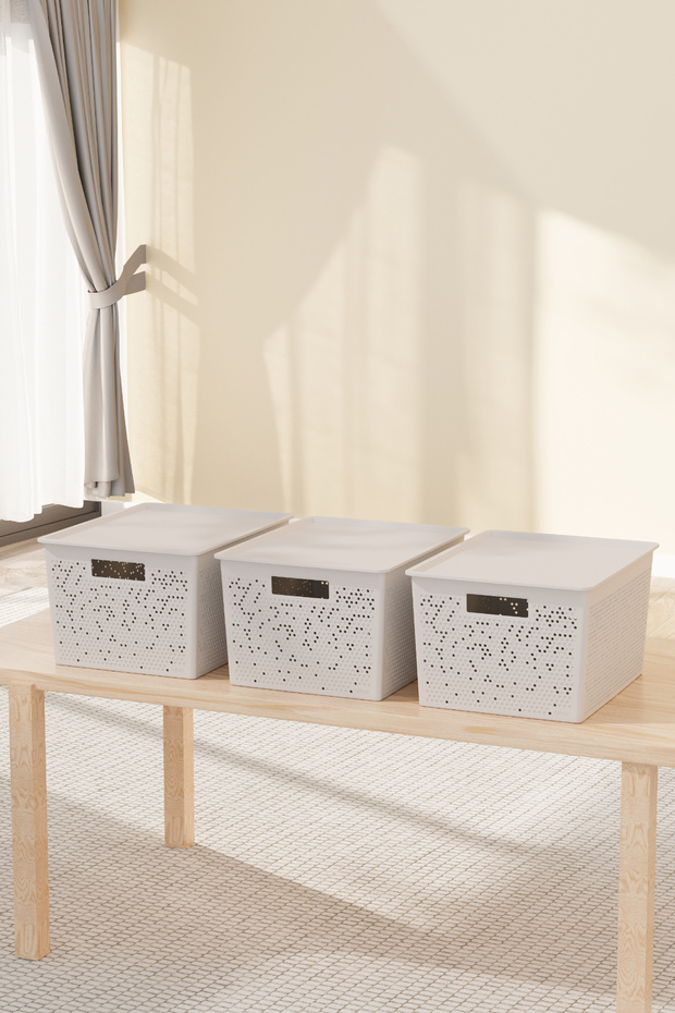 صندوق تخزين متعدد الأغراض، منظم متعدد الاستخدامات، 3 قطع مع أغطية، حجم كبير، قابل للتكديس - 2