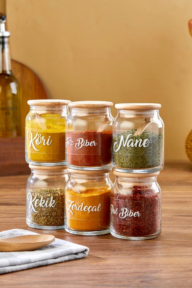 6-Piece Luxury Spice Jar Set with Wooden Lids and Spoons, Vacuum Labeled Jars with Lids
