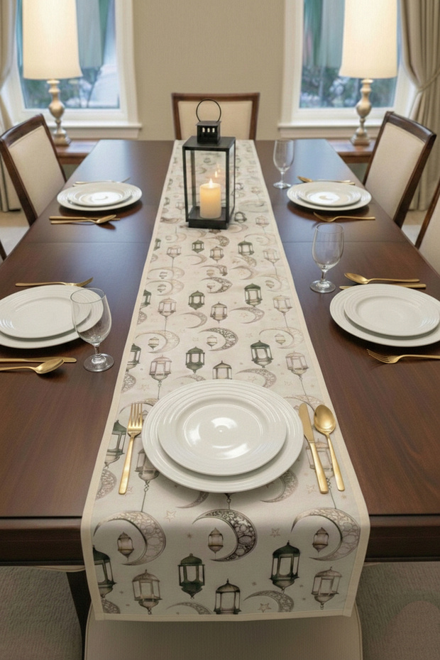 مفرش طاولة رمضان خاص لتقديم الطعام والتقديس، مفرش طاولة طعام بتصميم رمضاني 35x180 سم