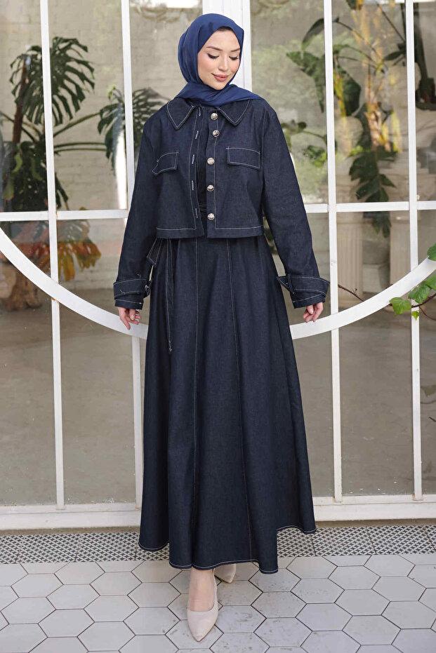 Navy Blue Denim Jacket Dress Double Combination Set