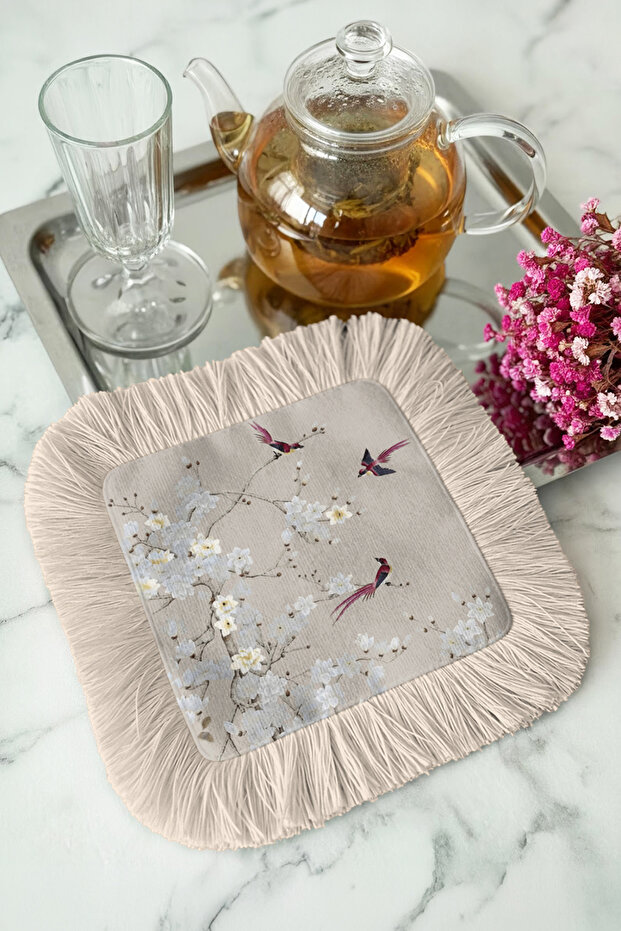 Elegant Bird and Floral Tassel Presentation Napkin - Romantic Japandi Beige White Coaster Tissue