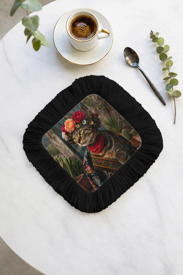 Ethnic Floral Fringed Presentation Napkin - Artistic Bohemian Black Cat Design Coaster Tissue