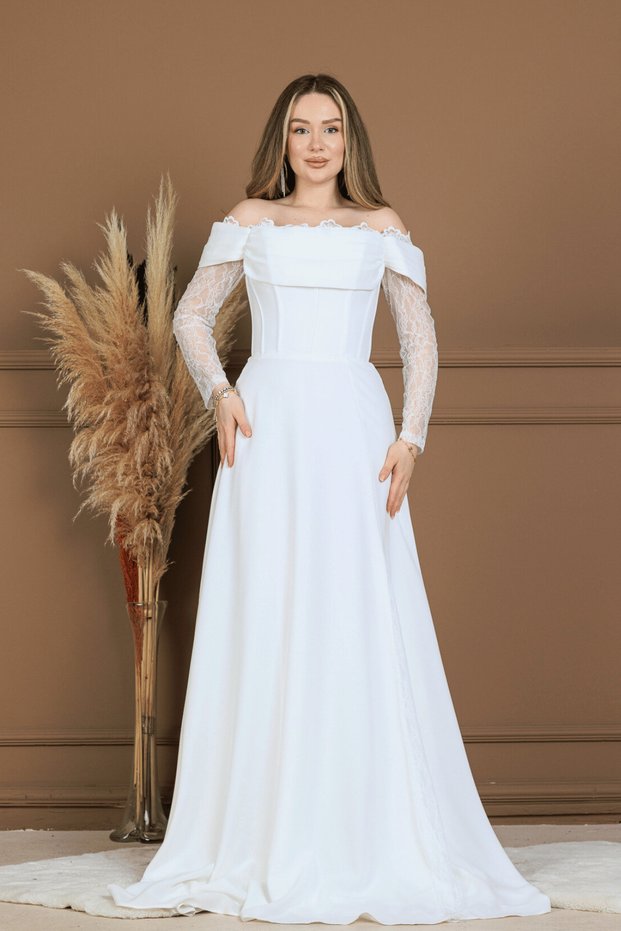 Crepe Balen Lace Detailed Long Evening Dress - White