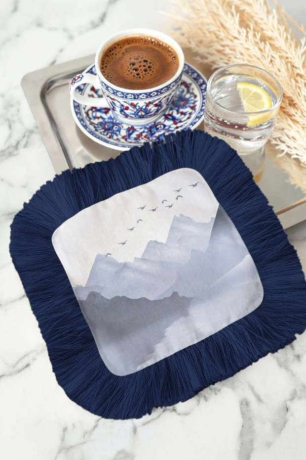 Elegant Mountain View Fringed Presentation Napkin-Minimal Nordic Navy Blue Coaster Serving Tissue