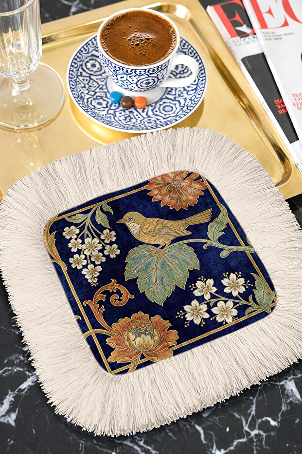 Nostalgic Bird Floral Fringed Presentation Napkin-Traditional Bohemian Navy Blue Coaster Tissue