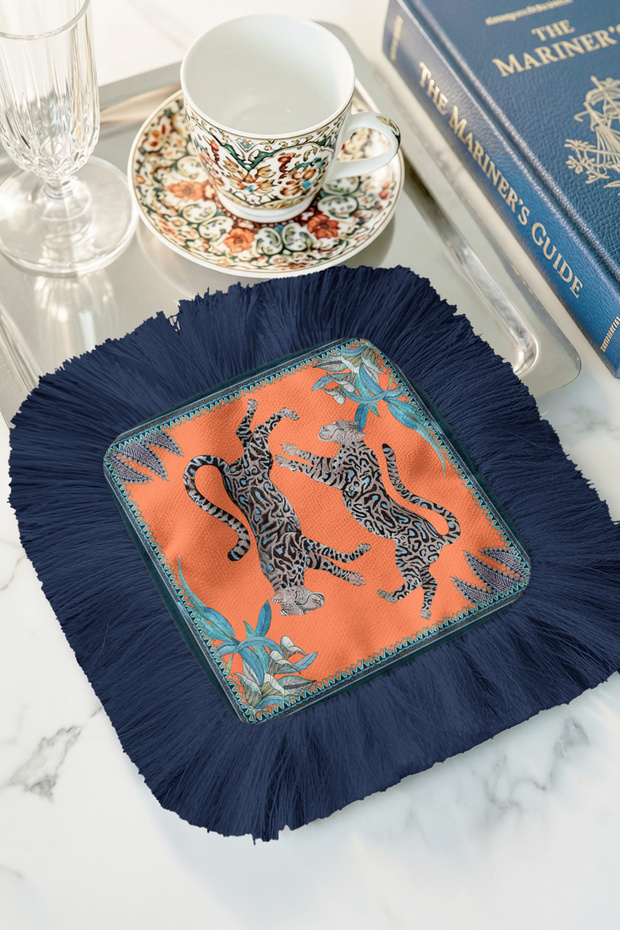 Exotic Leopards Motif Fringed Presentation Napkin-Safari Bohemian Orange Navy Blue Coaster Tissue