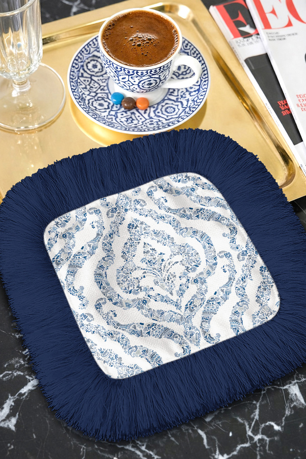 Luxurious Silk Textured Fringed Presentation Napkin - Palace-Inspired Classic Blue Bohemian Coffee Side Presentation Napkin
