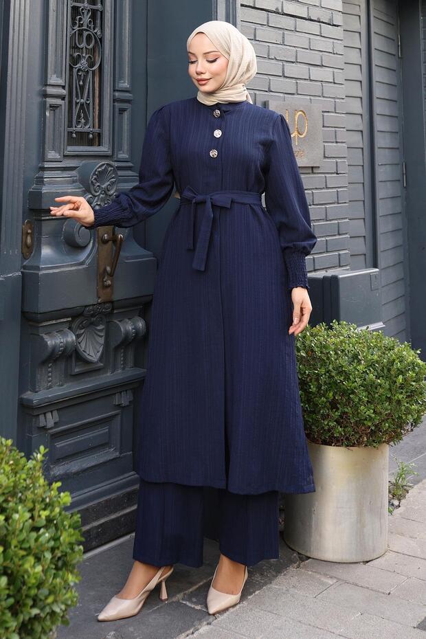 Button Detailed Belted Suit Navy Blue 19291