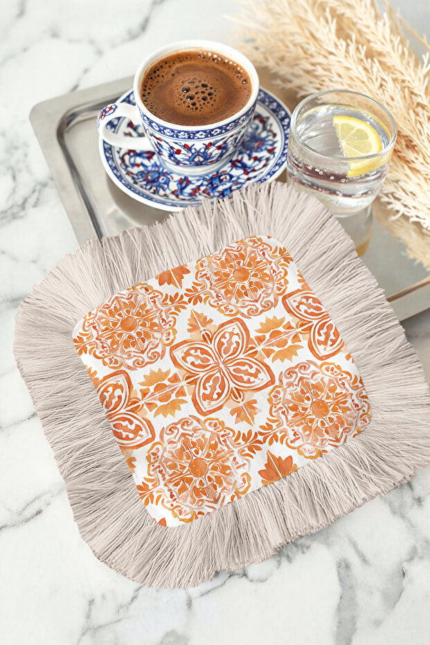 Baroque Motif Fringed Presentation Napkin - Retro-Inspired Orange Beige Design Coaster Tissue