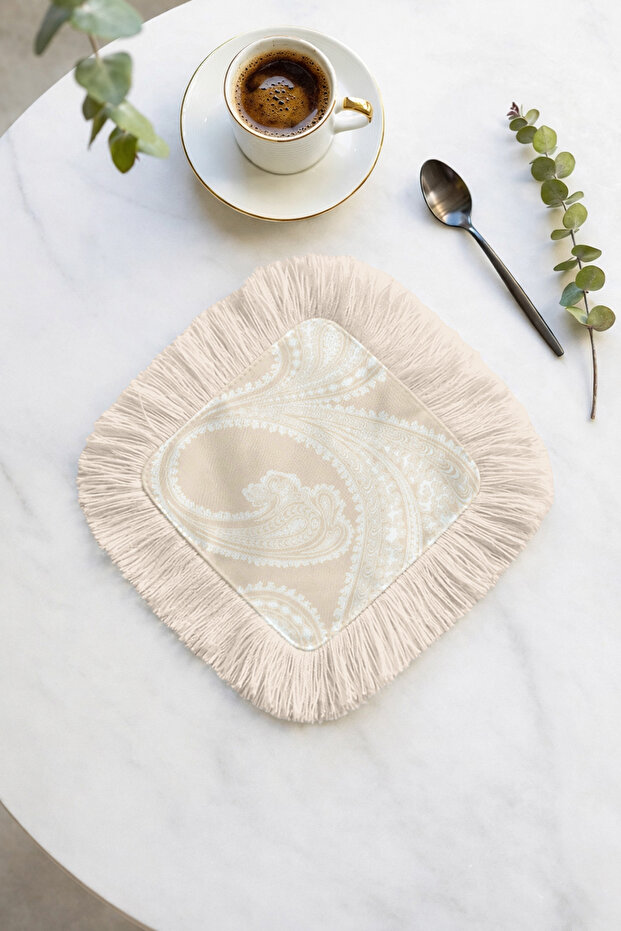 Elegant Paisley Motif Fringed Bohemian Presentation Napkin - Classic Bohemian Beige Cream Coaster Tissue