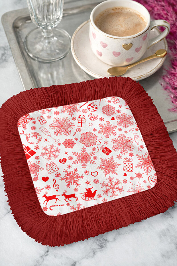 Red Christmas Motif Fringed Presentation Napkin - Winter Themed Bohemian Red and White Coaster Tissue