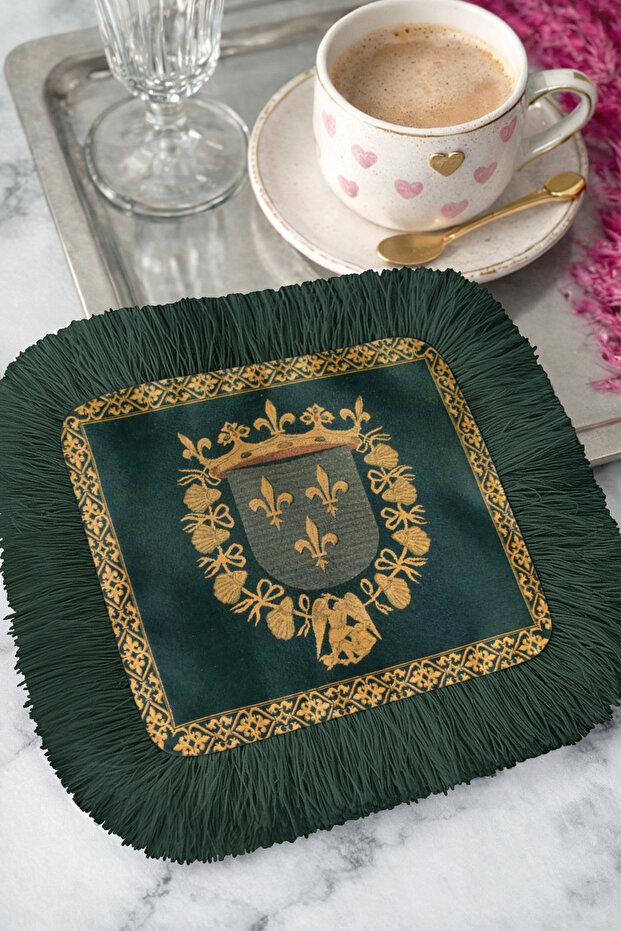 Palace Splendor Fringed Coffee Side Presentation Napkin-French Elegance Classic Green Coaster Tissue